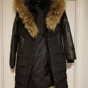 Danier Black Puffer Jacket with Brown Faux Fur